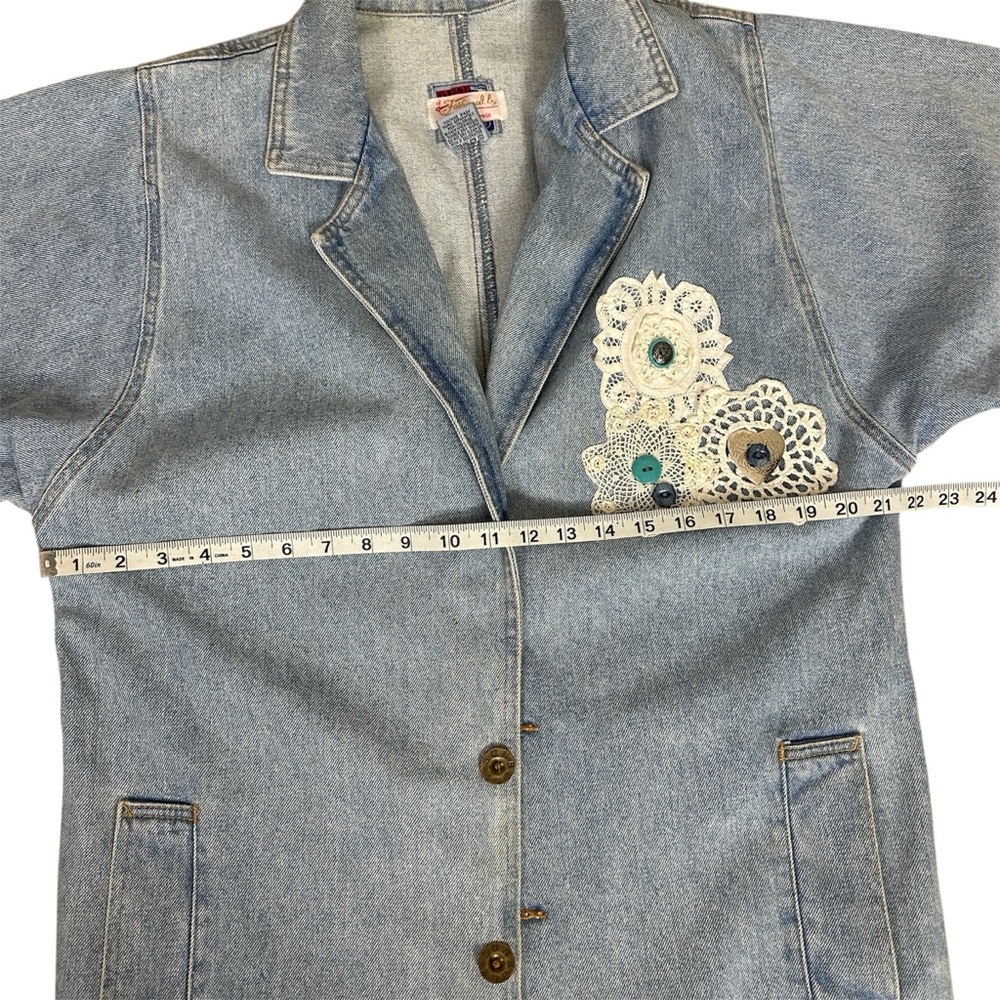 VINTAGE Fashioned by Marge Sherwin Embellished Denim Long Coat Size P/S - Picture 10 of 12